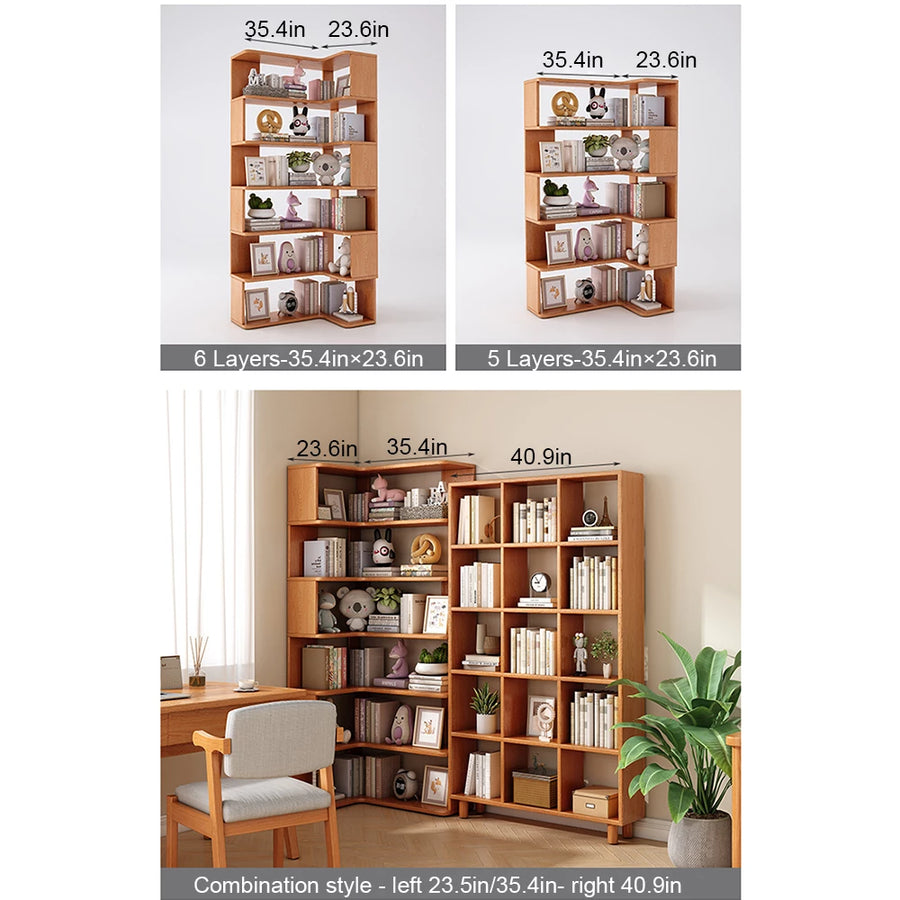 6 Layers Solid Wood Corner Bookshelf, Bookshelf with Corner White Shelf Bookcase Office Organizer Living Room, Wood Bookcase