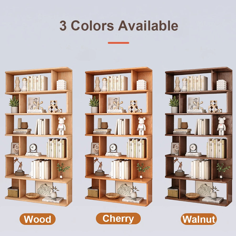 6 Tier Geometric Bookcase, Bookshelf Book Cabinet, Solid Wood Bookcase Freestanding Decorative Storage Shelving 75'' Tall Bookshelf