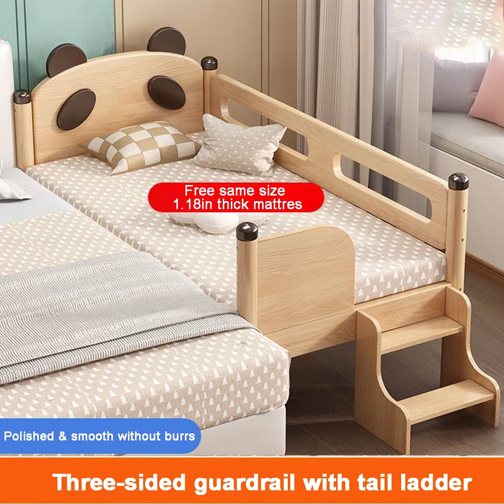 Oak Solid Wood Toddler Bed Baby Crib Wide Guardrail Infant Crib with Bed Rail and Mattress Baby Bed with Tail Ladder