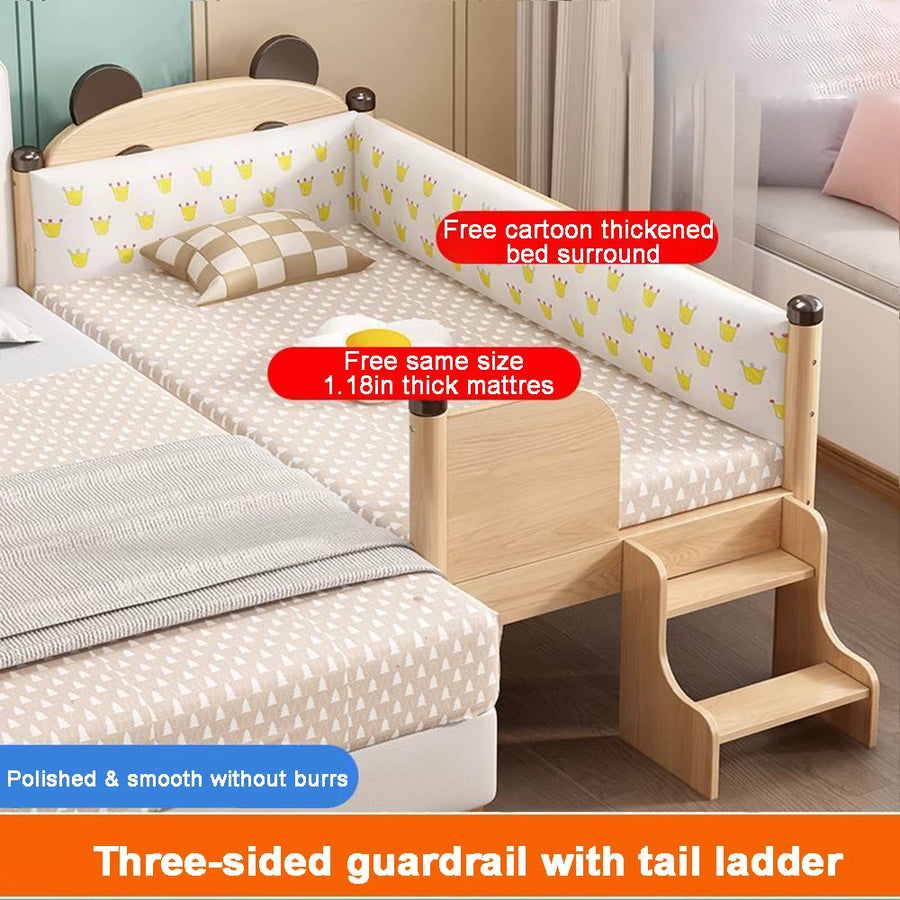 Oak Solid Wood Toddler Bed Baby Crib Wide Guardrail Infant Crib with Bed Rail and Mattress Baby Bed with Tail Ladder