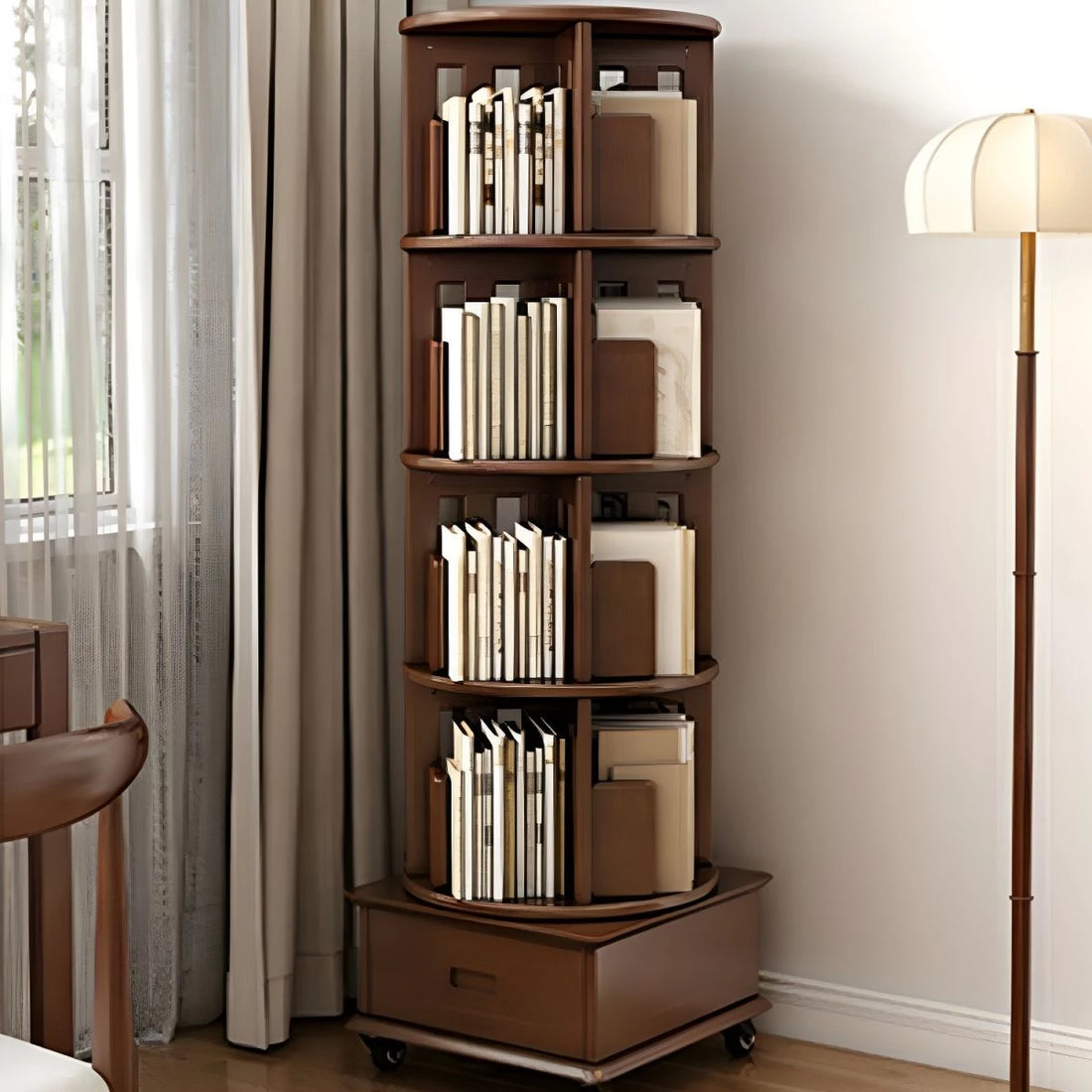 Modern Wood Corner Bookcase with Shelves, Revolving Bookshelf, 3/4/5 Tier Rotating Bookcase Multifunctional Creative Shelf Home Floor-Standing Multi-Tier Bookshelf with Mobile Pulleys and Drawers