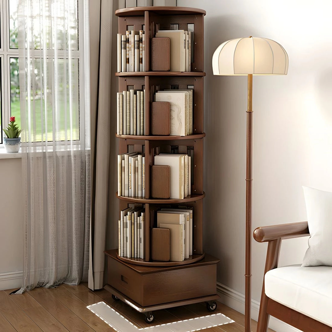 Modern Wood Corner Bookcase with Shelves, Revolving Bookshelf, 3/4/5 Tier Rotating Bookcase Multifunctional Creative Shelf Home Floor-Standing Multi-Tier Bookshelf with Mobile Pulleys and Drawers