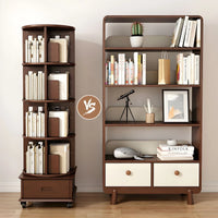 Modern Wood Corner Bookcase with Shelves, Revolving Bookshelf, 3/4/5 Tier Rotating Bookcase Multifunctional Creative Shelf Home Floor-Standing Multi-Tier Bookshelf with Mobile Pulleys and Drawers