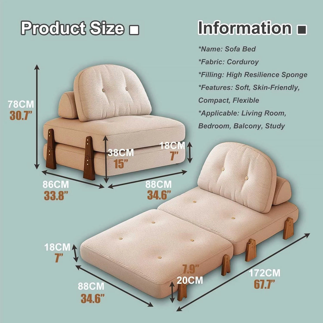 Folding Sofa Bed Convertiblelazy Sofa, Lazy Sofa Folding Couch Bed Single Sofa Chair For Bedroom, Compact Living Spaces, Apartment, Dorm