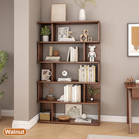 6 Tier Geometric Bookcase, Bookshelf Book Cabinet, Solid Wood Bookcase Freestanding Decorative Storage Shelving 75'' Tall Bookshelf