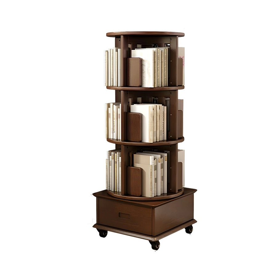 Modern Wood Corner Bookcase with Shelves, Revolving Bookshelf, 3/4/5 Tier Rotating Bookcase Multifunctional Creative Shelf Home Floor-Standing Multi-Tier Bookshelf with Mobile Pulleys and Drawers