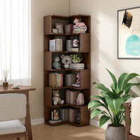 6 Layers Solid Wood Corner Bookshelf, Bookshelf with Corner White Shelf Bookcase Office Organizer Living Room, Wood Bookcase