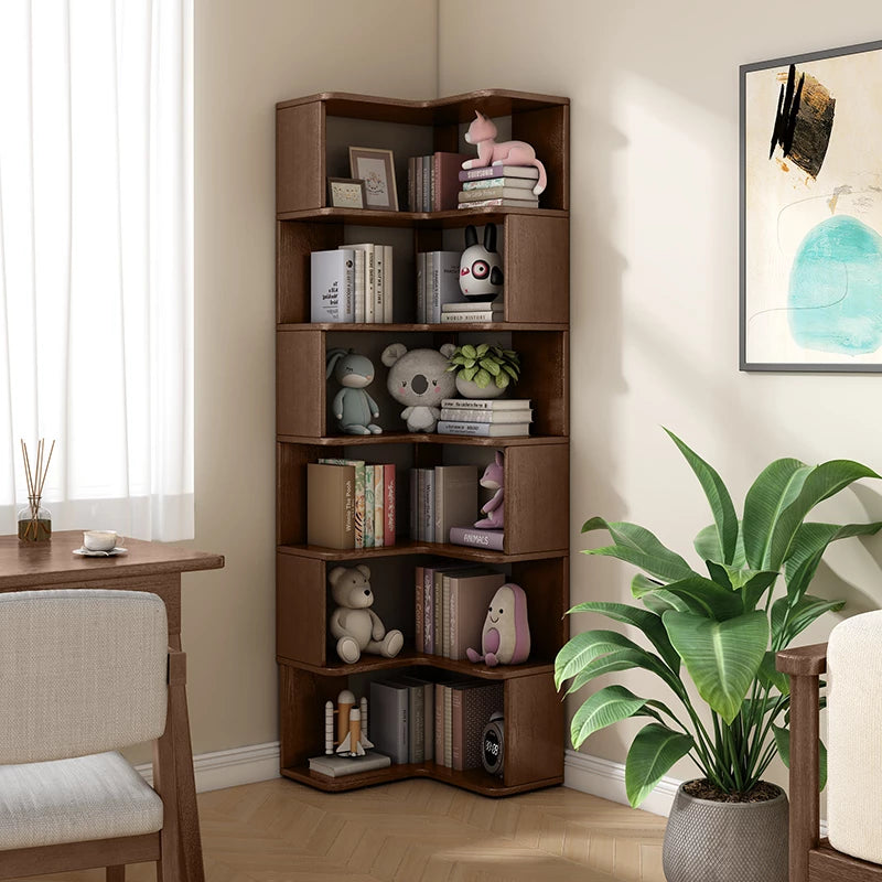 6 Layers Solid Wood Corner Bookshelf, Bookshelf with Corner White Shelf Bookcase Office Organizer Living Room, Wood Bookcase