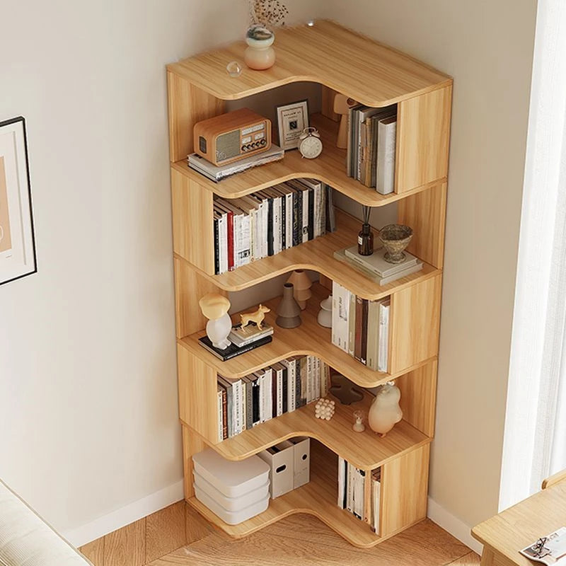 Modern Vertical Bookshelf with Corner, Corner Bookshelf Solid Wood Floor Bookcase with Shelves