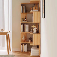 Modern Vertical Bookshelf with Corner, Corner Bookshelf Solid Wood Floor Bookcase with Shelves