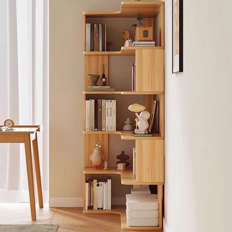 Modern Vertical Bookshelf with Corner, Corner Bookshelf Solid Wood Floor Bookcase with Shelves