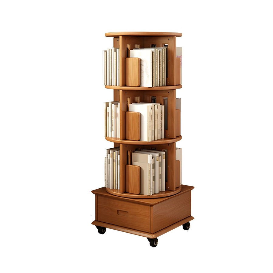 Modern Wood Corner Bookcase with Shelves, Revolving Bookshelf, 3/4/5 Tier Rotating Bookcase Multifunctional Creative Shelf Home Floor-Standing Multi-Tier Bookshelf with Mobile Pulleys and Drawers