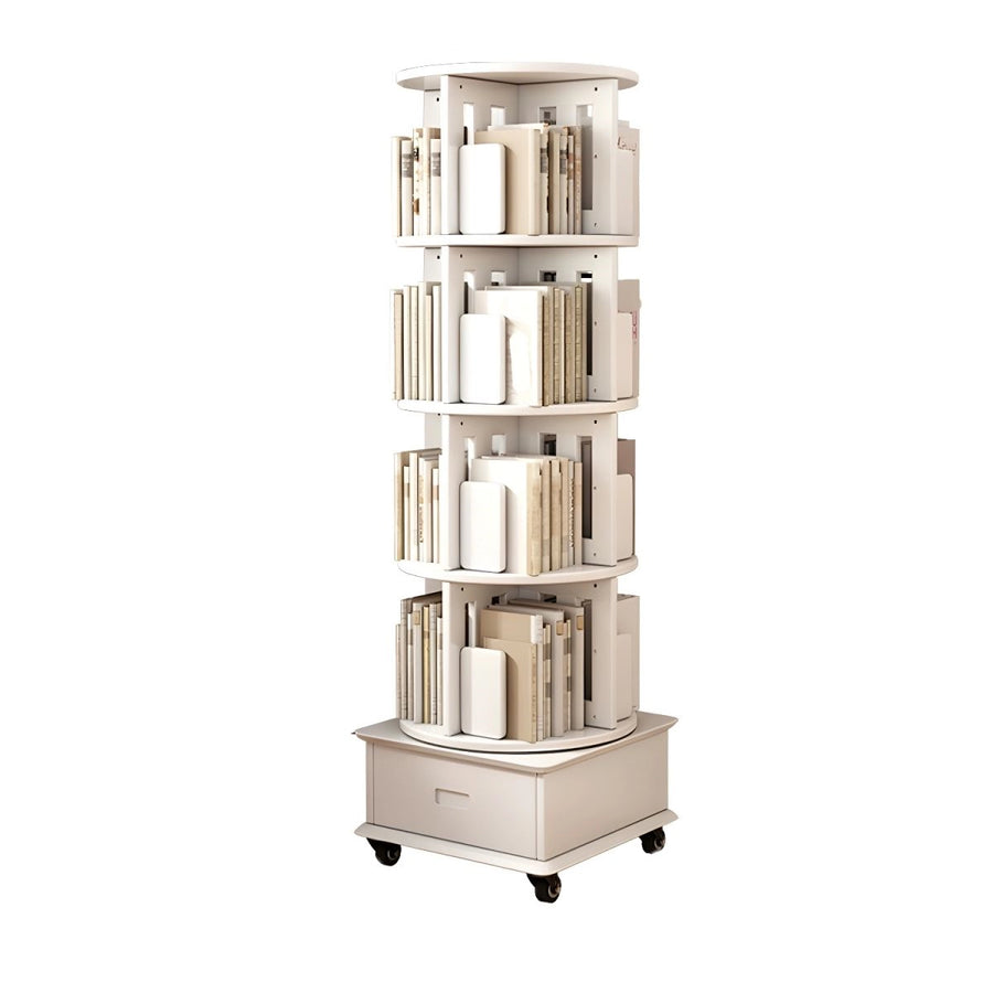 Modern Wood Corner Bookcase with Shelves, Revolving Bookshelf, 3/4/5 Tier Rotating Bookcase Multifunctional Creative Shelf Home Floor-Standing Multi-Tier Bookshelf with Mobile Pulleys and Drawers