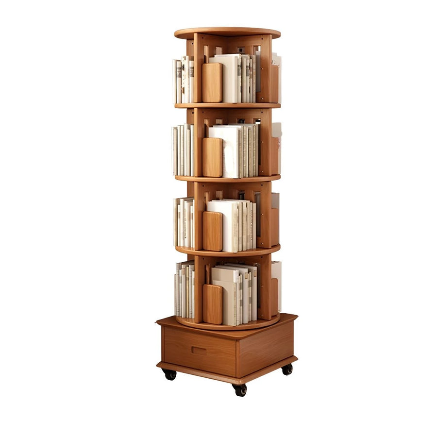 Modern Wood Corner Bookcase with Shelves, Revolving Bookshelf, 3/4/5 Tier Rotating Bookcase Multifunctional Creative Shelf Home Floor-Standing Multi-Tier Bookshelf with Mobile Pulleys and Drawers