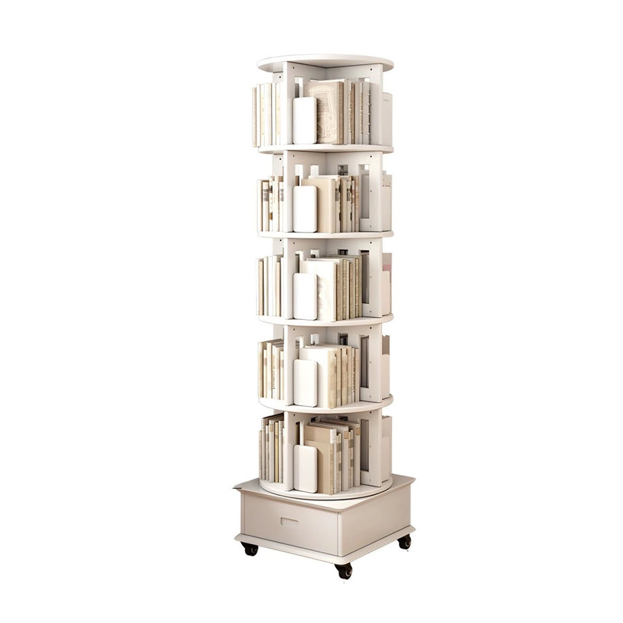 Modern Wood Corner Bookcase with Shelves, Revolving Bookshelf, 3/4/5 Tier Rotating Bookcase Multifunctional Creative Shelf Home Floor-Standing Multi-Tier Bookshelf with Mobile Pulleys and Drawers