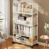 Mobile Bookshelf,4 Tier Magazine Holder Bookcases with Wheels, Double Sided Storage Organizer Rack with Wheels, 4-Layer Metal Multfunctional Bookcase