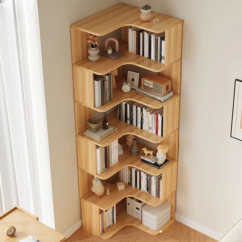 Modern Vertical Bookshelf with Corner, Corner Bookshelf Solid Wood Floor Bookcase with Shelves