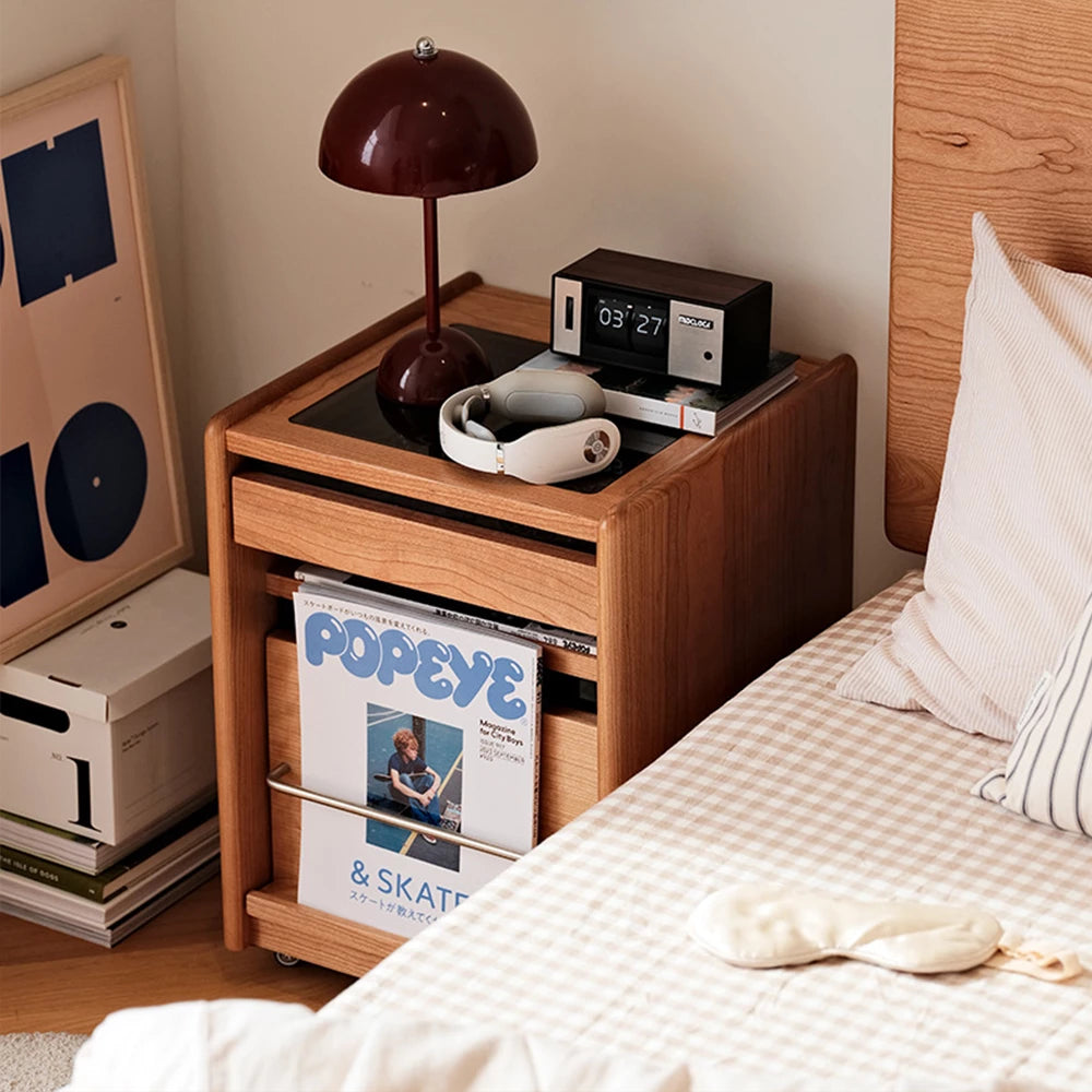 Cherry Wood Modern Nightstands Movable Small Bedside Table Narrow Bedside Cabinet Three Drawers