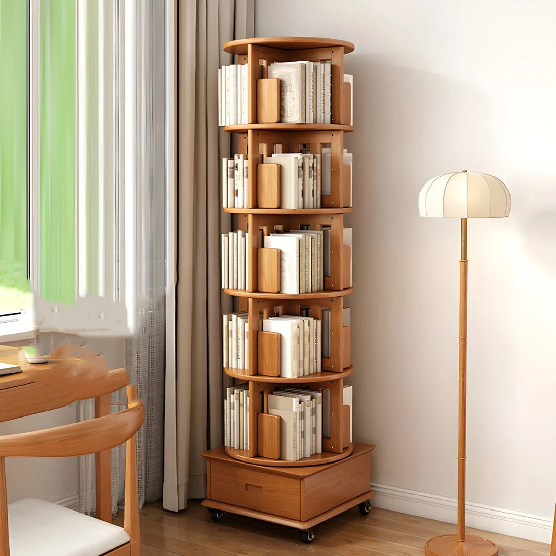 Modern Wood Corner Bookcase with Shelves, Revolving Bookshelf, 3/4/5 Tier Rotating Bookcase Multifunctional Creative Shelf Home Floor-Standing Multi-Tier Bookshelf with Mobile Pulleys and Drawers