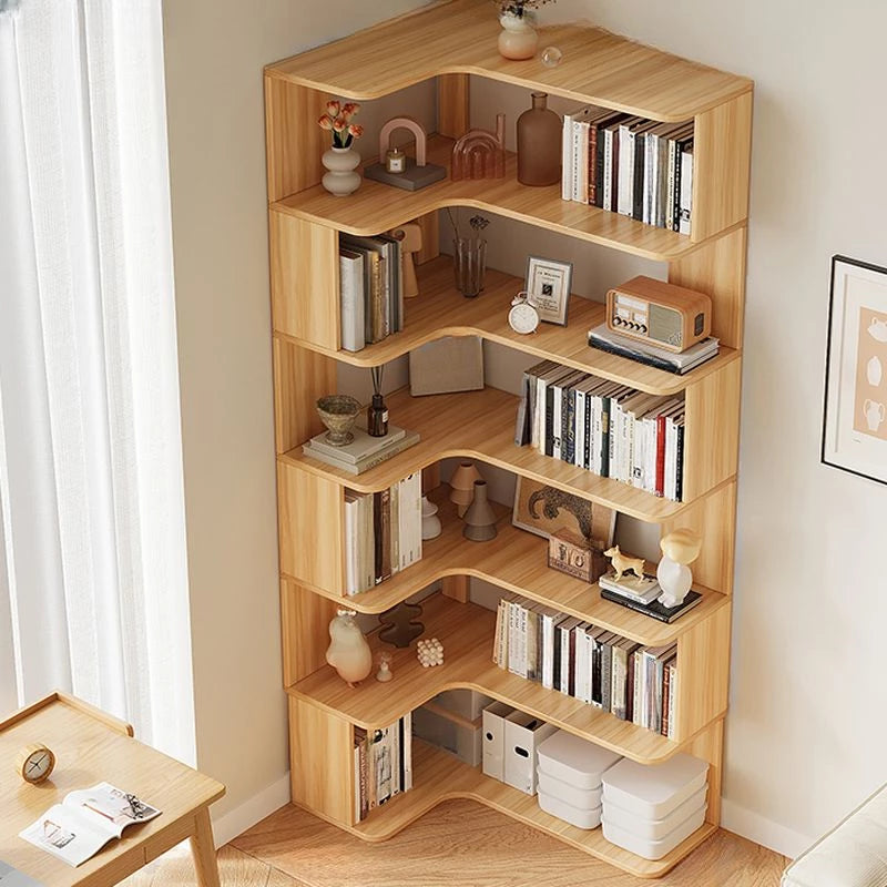 Modern Vertical Bookshelf with Corner, Corner Bookshelf Solid Wood Floor Bookcase with Shelves