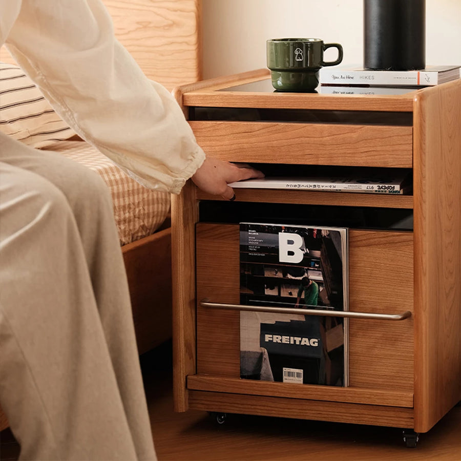 Cherry Wood Modern Nightstands Movable Small Bedside Table Narrow Bedside Cabinet Three Drawers