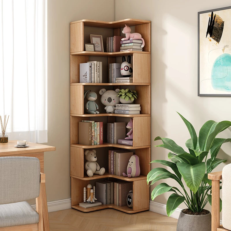 6 Layers Solid Wood Corner Bookshelf, Bookshelf with Corner White Shelf Bookcase Office Organizer Living Room, Wood Bookcase