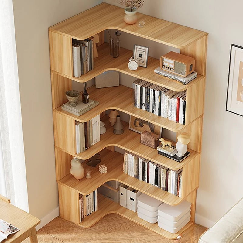 Modern Vertical Bookshelf with Corner, Corner Bookshelf Solid Wood Floor Bookcase with Shelves