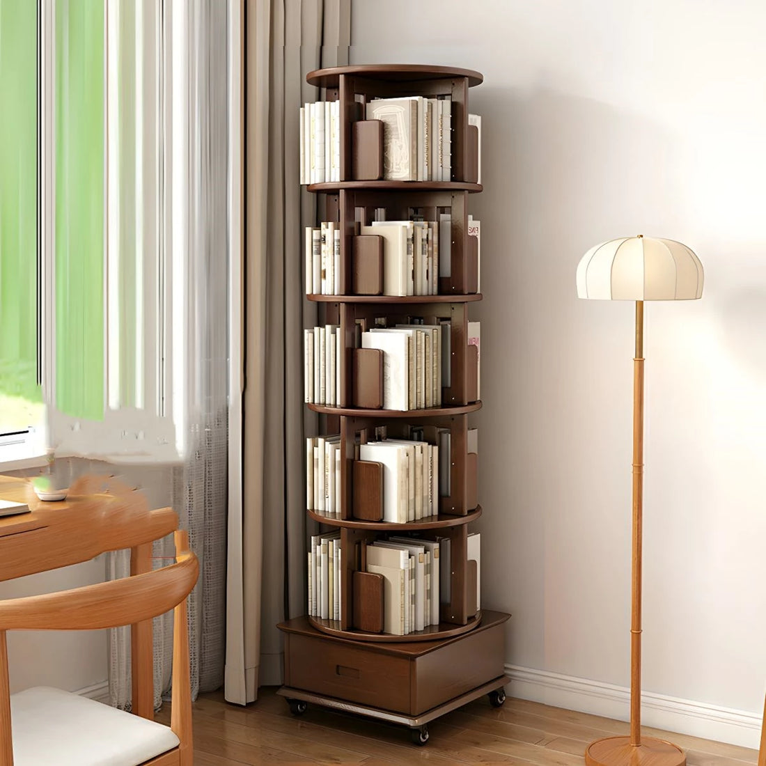 Modern Wood Corner Bookcase with Shelves, Revolving Bookshelf, 3/4/5 Tier Rotating Bookcase Multifunctional Creative Shelf Home Floor-Standing Multi-Tier Bookshelf with Mobile Pulleys and Drawers