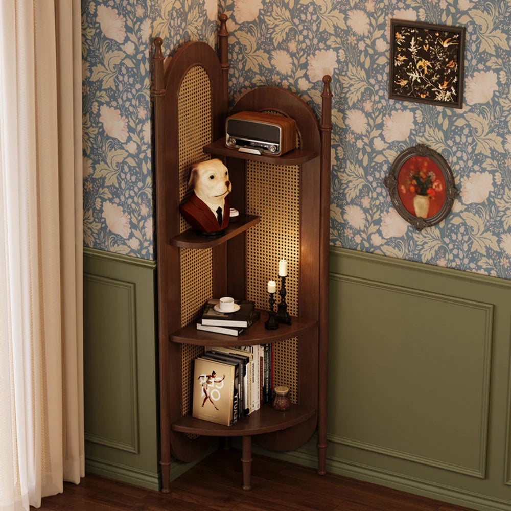 Solid Wood Rattan Corner Bookshelf Retro Bookshelf in a Corner