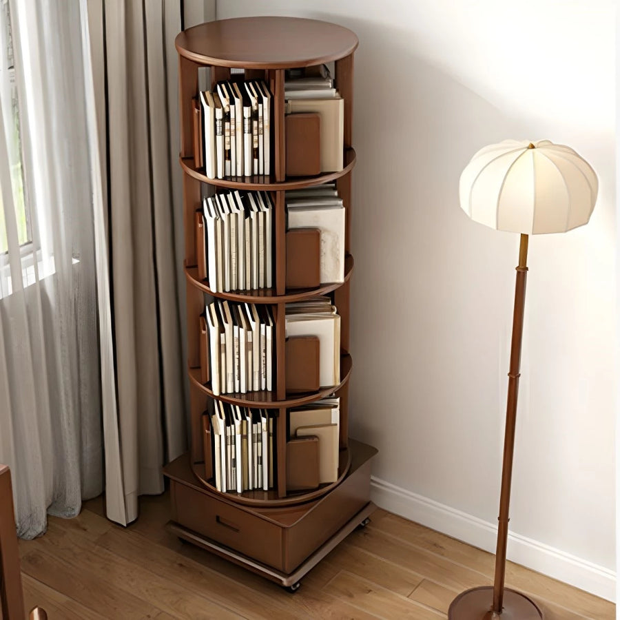 Modern Wood Corner Bookcase with Shelves, Revolving Bookshelf, 3/4/5 Tier Rotating Bookcase Multifunctional Creative Shelf Home Floor-Standing Multi-Tier Bookshelf with Mobile Pulleys and Drawers