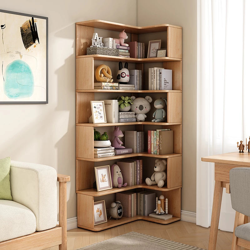 6 Layers Solid Wood Corner Bookshelf, Bookshelf with Corner White Shelf Bookcase Office Organizer Living Room, Wood Bookcase