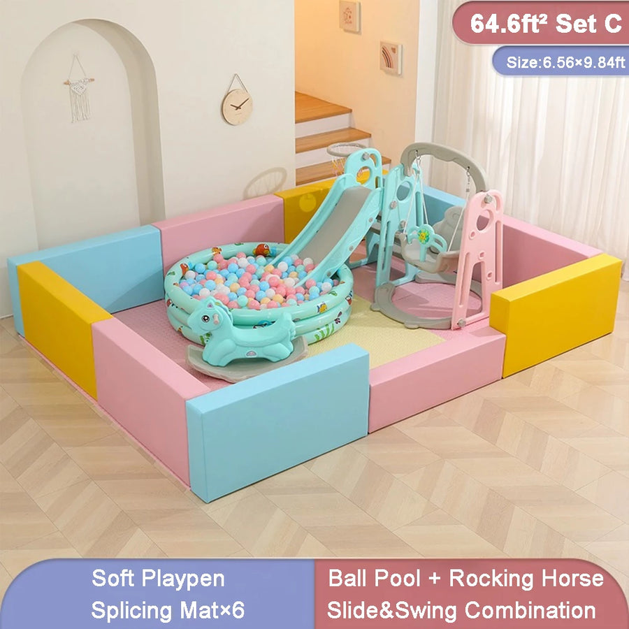 43ft²-96ft² Soft Extra Large Baby Playpen withe Slide and Swing Combination