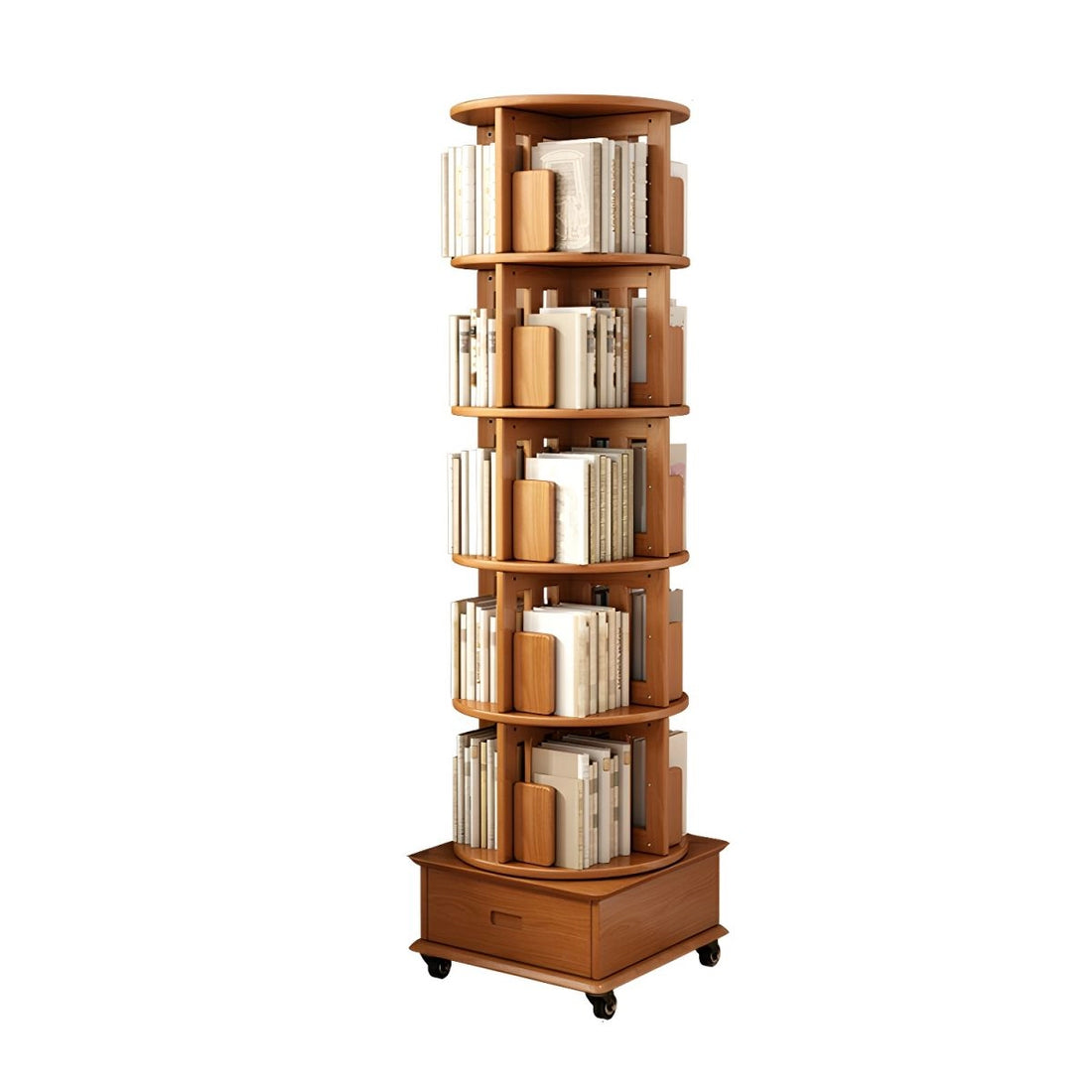 Modern Wood Corner Bookcase with Shelves, Revolving Bookshelf, 3/4/5 Tier Rotating Bookcase Multifunctional Creative Shelf Home Floor-Standing Multi-Tier Bookshelf with Mobile Pulleys and Drawers