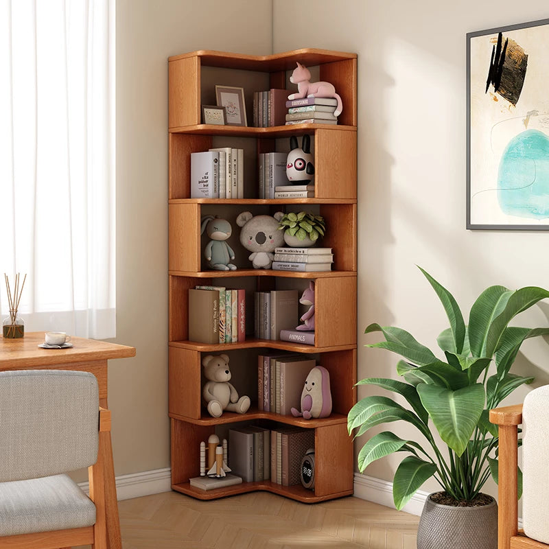 6 Layers Solid Wood Corner Bookshelf, Bookshelf with Corner White Shelf Bookcase Office Organizer Living Room, Wood Bookcase