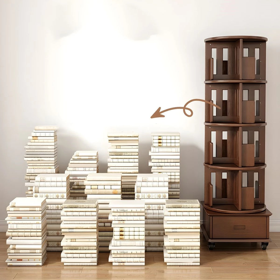 Modern Wood Corner Bookcase with Shelves, Revolving Bookshelf, 3/4/5 Tier Rotating Bookcase Multifunctional Creative Shelf Home Floor-Standing Multi-Tier Bookshelf with Mobile Pulleys and Drawers