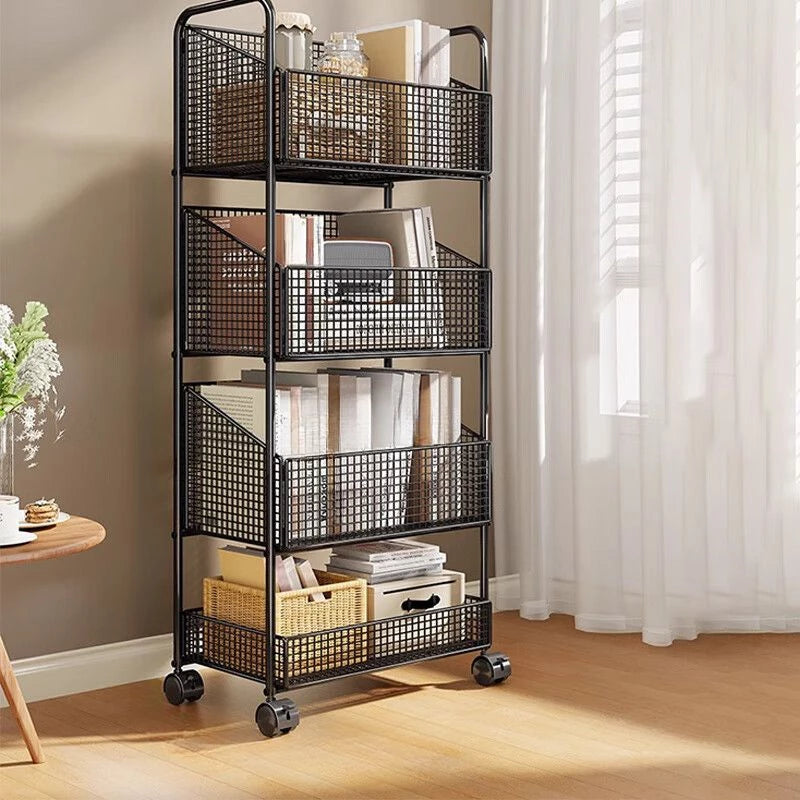 Mobile Bookshelf,4 Tier Magazine Holder Bookcases with Wheels, Double Sided Storage Organizer Rack with Wheels, 4-Layer Metal Multfunctional Bookcase