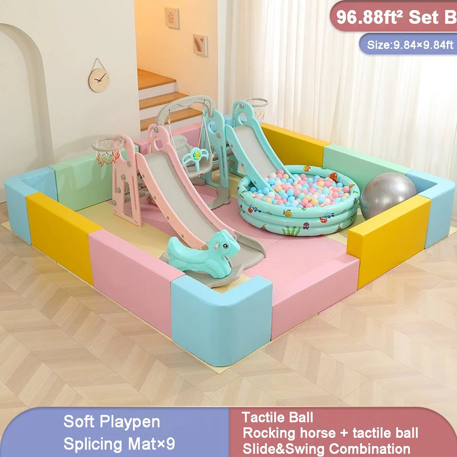 43ft²-96ft² Soft Extra Large Baby Playpen withe Slide and Swing Combination