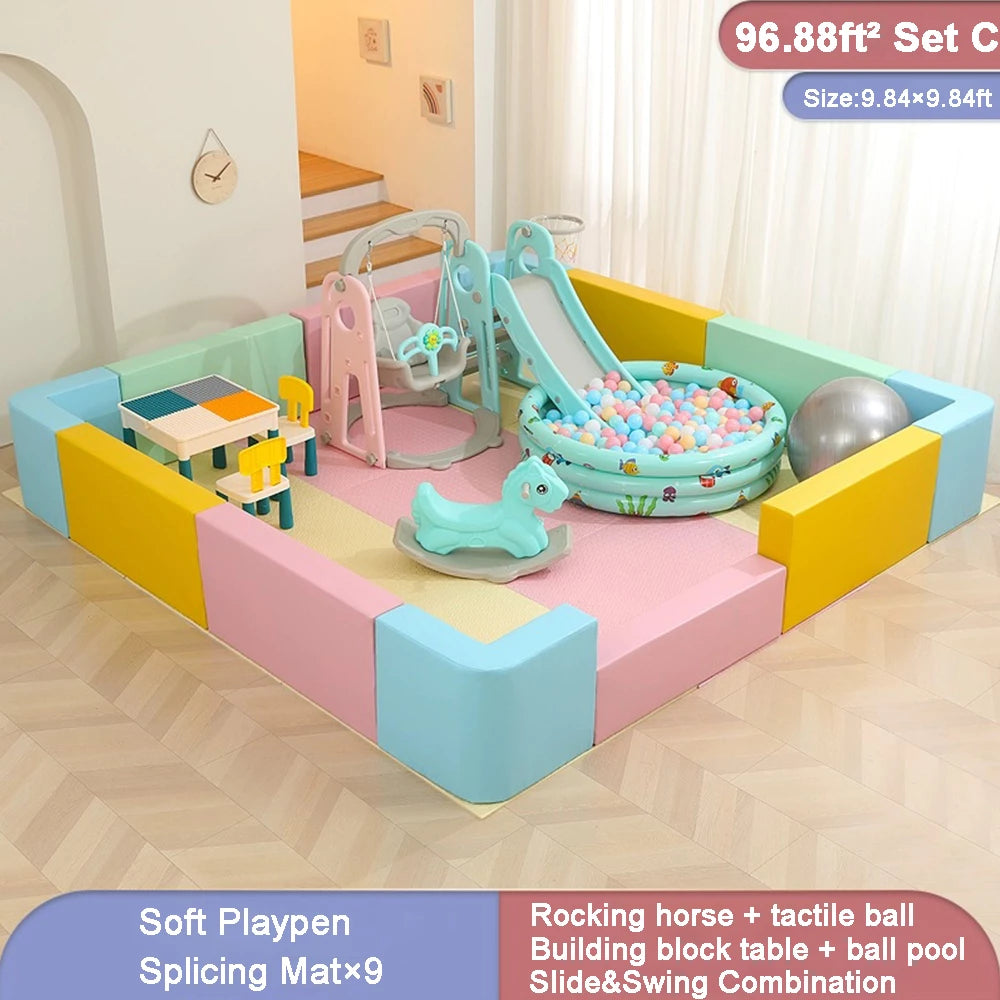 43ft²-96ft² Soft Extra Large Baby Playpen withe Slide and Swing Combination