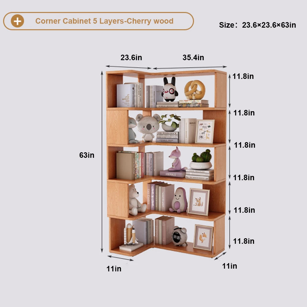 6 Layers Solid Wood Corner Bookshelf, Bookshelf with Corner White Shelf Bookcase Office Organizer Living Room, Wood Bookcase