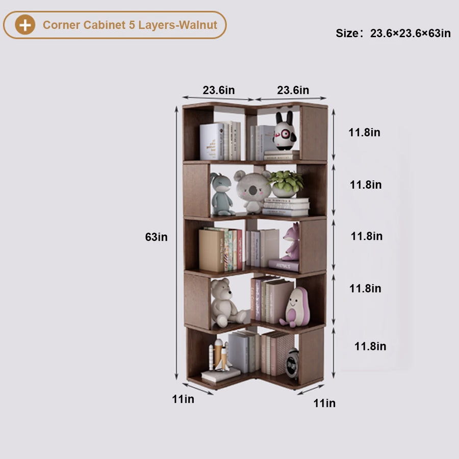 6 Layers Solid Wood Corner Bookshelf, Bookshelf with Corner White Shelf Bookcase Office Organizer Living Room, Wood Bookcase