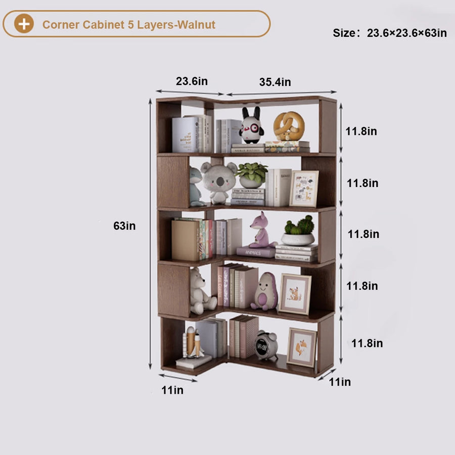 6 Layers Solid Wood Corner Bookshelf, Bookshelf with Corner White Shelf Bookcase Office Organizer Living Room, Wood Bookcase