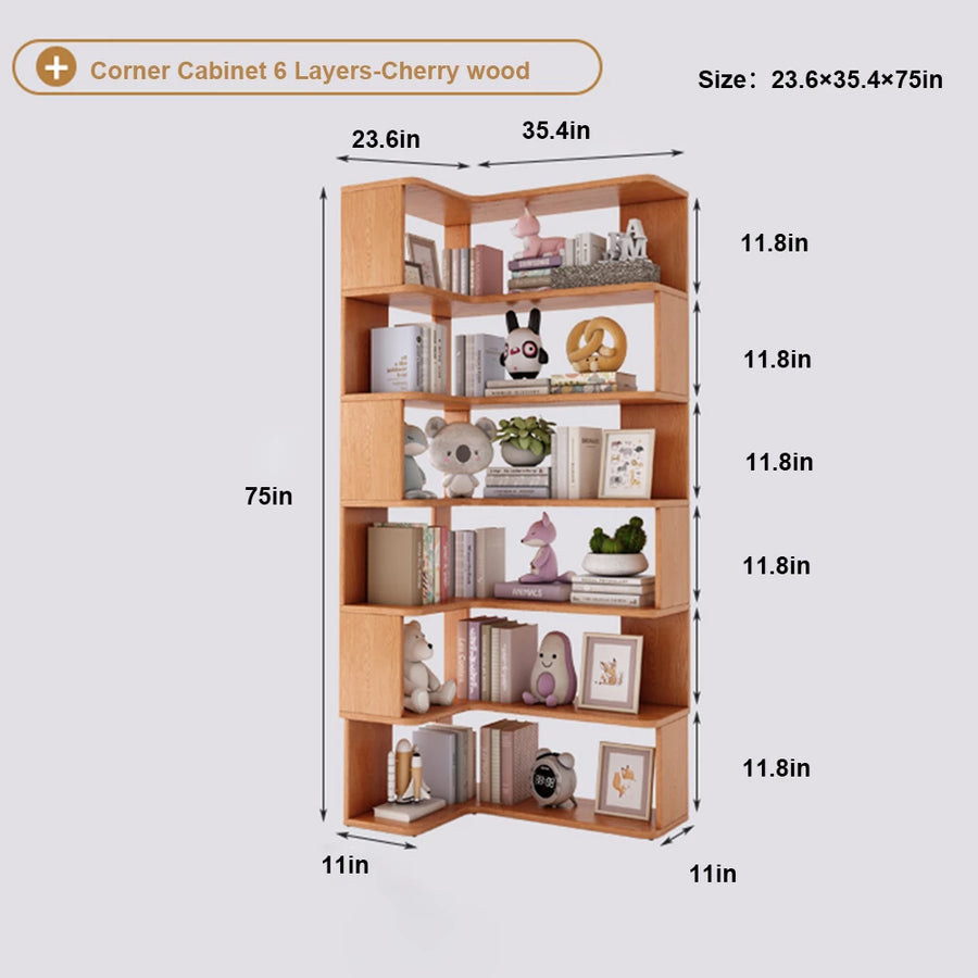 6 Layers Solid Wood Corner Bookshelf, Bookshelf with Corner White Shelf Bookcase Office Organizer Living Room, Wood Bookcase