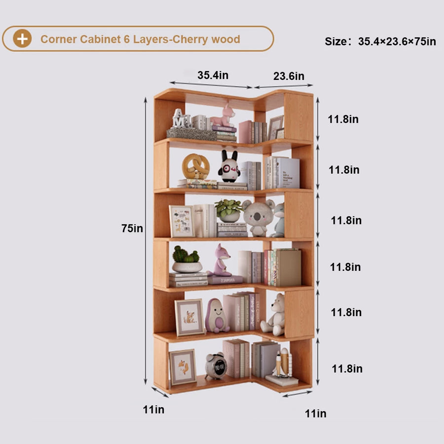 6 Layers Solid Wood Corner Bookshelf, Bookshelf with Corner White Shelf Bookcase Office Organizer Living Room, Wood Bookcase