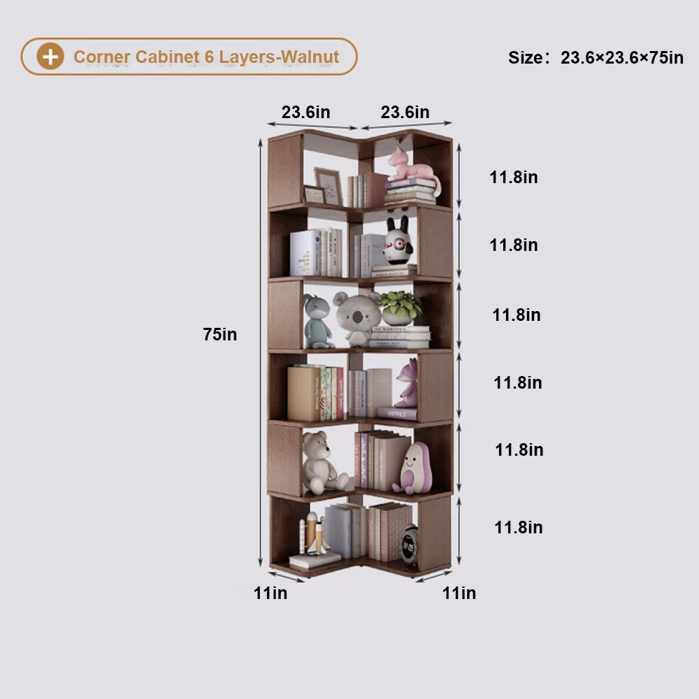 6 Layers Solid Wood Corner Bookshelf, Bookshelf with Corner White Shelf Bookcase Office Organizer Living Room, Wood Bookcase