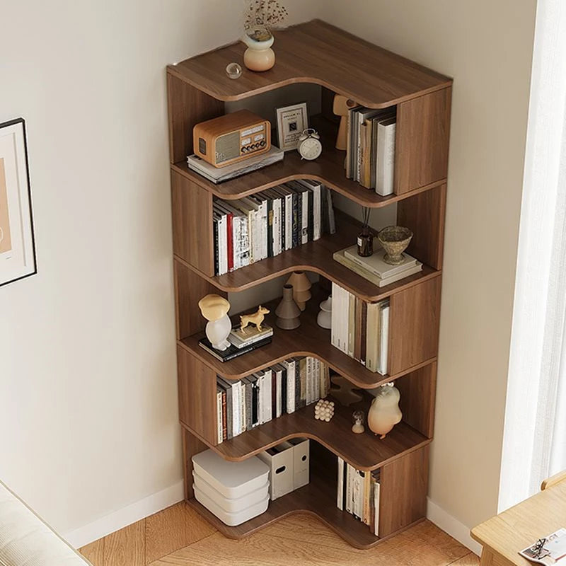 Modern Vertical Bookshelf with Corner, Corner Bookshelf Solid Wood Floor Bookcase with Shelves