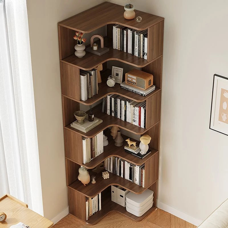 Modern Vertical Bookshelf with Corner, Corner Bookshelf Solid Wood Floor Bookcase with Shelves