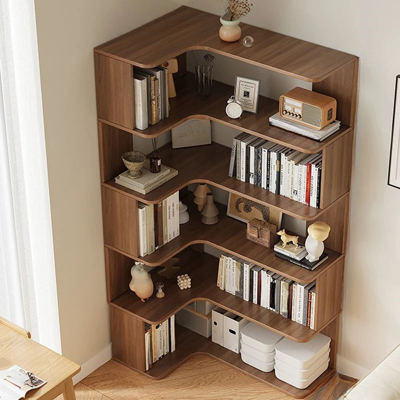 Modern Vertical Bookshelf with Corner, Corner Bookshelf Solid Wood Floor Bookcase with Shelves