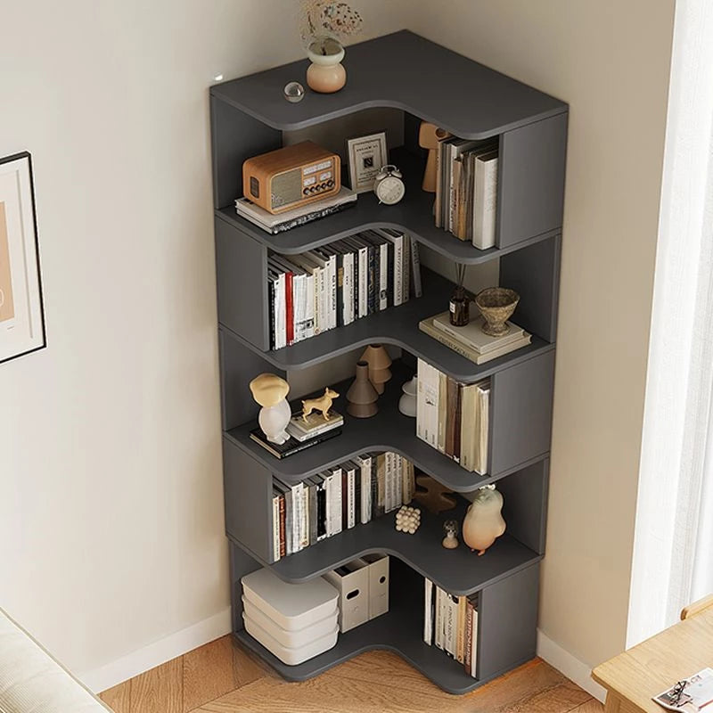 Modern Vertical Bookshelf with Corner, Corner Bookshelf Solid Wood Floor Bookcase with Shelves