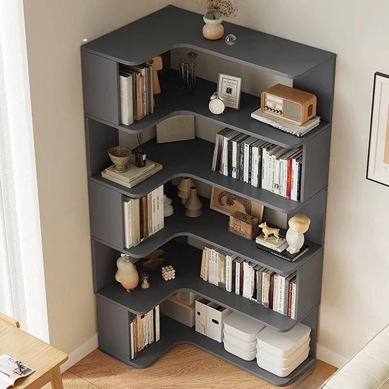 Modern Vertical Bookshelf with Corner, Corner Bookshelf Solid Wood Floor Bookcase with Shelves