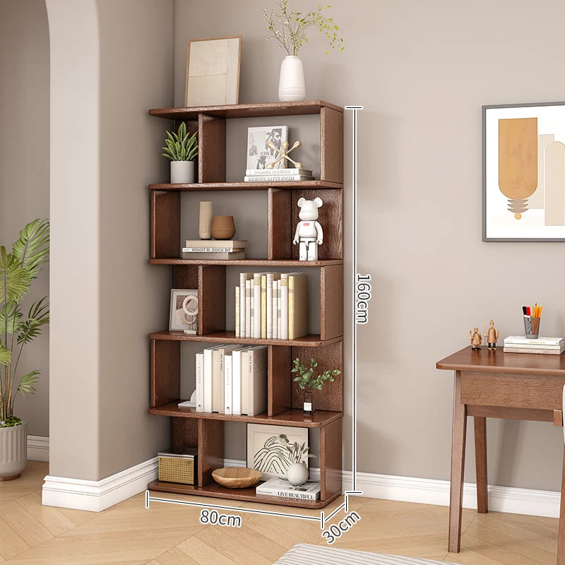 6 Tier Geometric Bookcase, Bookshelf Book Cabinet, Solid Wood Bookcase Freestanding Decorative Storage Shelving 75'' Tall Bookshelf